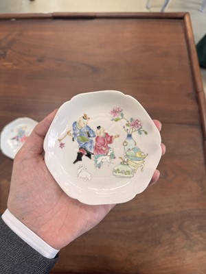 Lot 50 - A pair of fine Chinese famille-rose semi-eggshell 'boys' cups and saucers, Qing dynasty, Yongzheng period