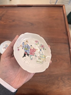 Lot 50 - A pair of fine Chinese famille-rose semi-eggshell 'boys' cups and saucers, Qing dynasty, Yongzheng period