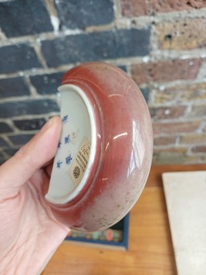 Lot 28 - A partial Chinese Imperial peachbloom-glazed brush washer, Qing dynasty, Kangxi mark and period