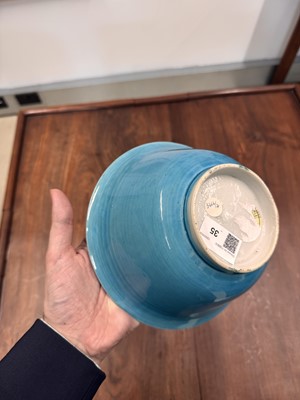 Lot 35 - A Chinese monochrome turquoise-glazed bowl, Qing dynasty, Kangxi period