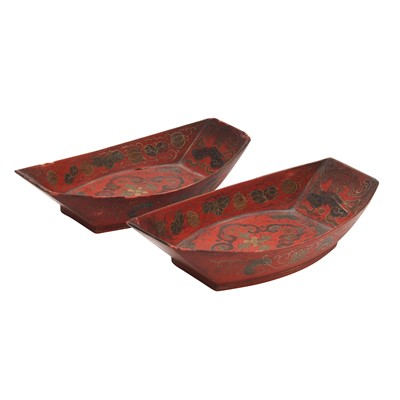 Lot 197 - A pair of Chinese Tianqi lacquer 'ingot' bowls, Qing dynasty, Jiaqing period