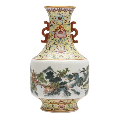 Lot 432 - A Chinese famille-rose yellow-ground 'landscape' vase, Republic period, Qianlong mark