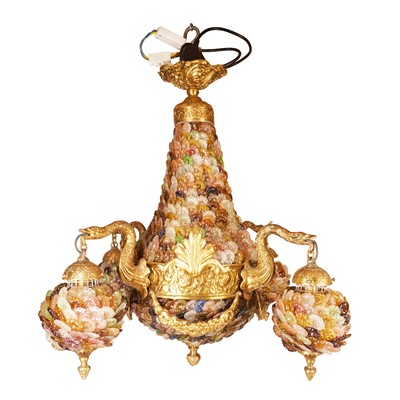 Lot 85 - An Art Nouveau style chandelier with polychrome glass flowerhead shaped adornments
