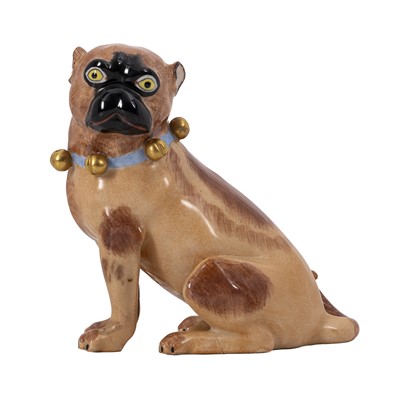 Lot 133 - A Dresden porcelain model of a pug with bell collar
