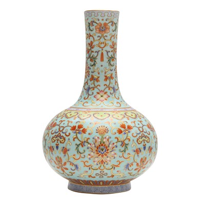 Lot 359 - A Chinese famille-rose turquoise-ground 'lotus' vase, 20th century, Qianlong mark