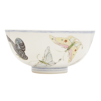 Lot 413 - A Chinese famille-rose 'butterflies' bowl, Republic period, Qianlong four-character mark