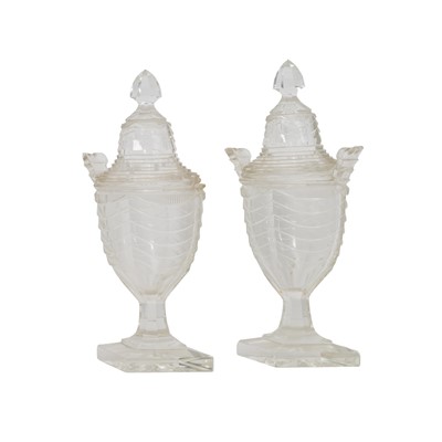 Lot 149 - A pair of early 19th Century George III period cut glass sweetmeat urns and covers