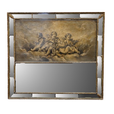 Lot 320 - A 19th century giltwood trumeau mirror inset with a grisaille panel of putti
