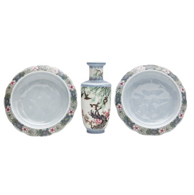 Lot 736 - Two Chinese blue-ground jardiniere stands and a 'birds' vase, Republic period