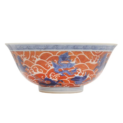 Lot 778 - A Chinese blue and white and iron-red bowl, 20th century, Jiaqing mark