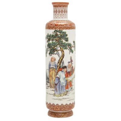 Lot 430 - A fine Chinese famille-rose 'scholars' cylindrical vase, Republic period, Juren tang zhi mark