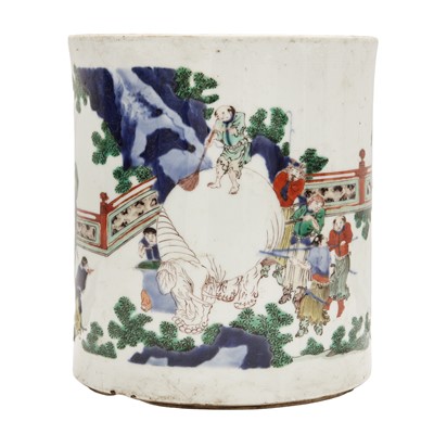 Lot 42 - A large Chinese wucai 'Washing the Elephant' brush pot, bitong, Transitional period