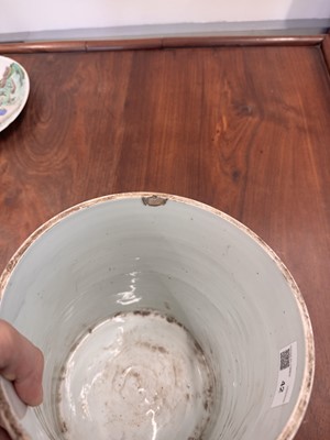 Lot 42 - A large Chinese wucai 'Washing the Elephant' brush pot, bitong, Transitional period