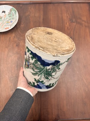 Lot 42 - A large Chinese wucai 'Washing the Elephant' brush pot, bitong, Transitional period