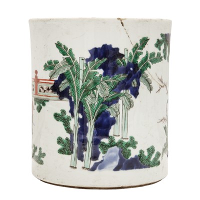 Lot 42 - A large Chinese wucai 'Washing the Elephant' brush pot, bitong, Transitional period