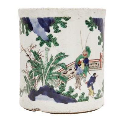 Lot 42 - A large Chinese wucai 'Washing the Elephant' brush pot, bitong, Transitional period