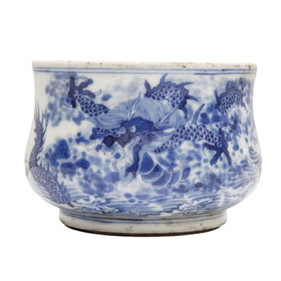 Lot 93 - A Chinese blue and white 'dragon and carp' censer, Qing dynasty, 18th century