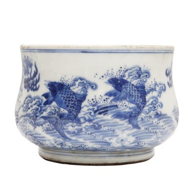 Lot 93 - A Chinese blue and white 'dragon and carp' censer, Qing dynasty, 18th century
