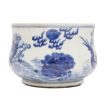 Lot 93 - A Chinese blue and white 'dragon and carp' censer, Qing dynasty, 18th century