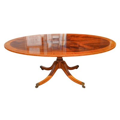Lot 215 - George III style mahogany and satinwood banded circular tilt top breakfast table by William Tillman