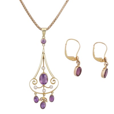 Lot 245 - An amethyst and seed pearl pendant necklace and earrings