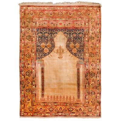 Lot 90 - An antique very fine silk Bursa prayer rug, Turkey