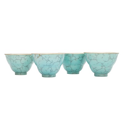 Lot 51 - Four Chinese turquoise-enamelled ogee wine cups, Qing dynasty, Qianlong marks and period