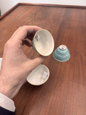 Lot 51 - Four Chinese turquoise-enamelled ogee wine cups, Qing dynasty, Qianlong marks and period