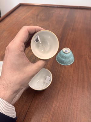Lot 51 - Four Chinese turquoise-enamelled ogee wine cups, Qing dynasty, Qianlong marks and period