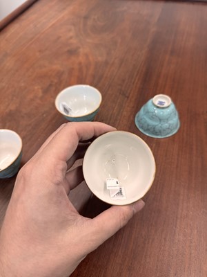 Lot 51 - Four Chinese turquoise-enamelled ogee wine cups, Qing dynasty, Qianlong marks and period