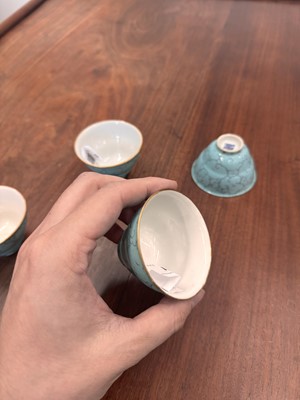 Lot 51 - Four Chinese turquoise-enamelled ogee wine cups, Qing dynasty, Qianlong marks and period