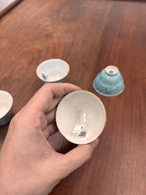 Lot 51 - Four Chinese turquoise-enamelled ogee wine cups, Qing dynasty, Qianlong marks and period