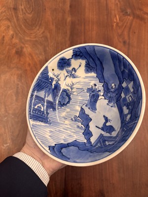 Lot 7 - A fine Chinese blue and white 'Sea house Addition' shallow bowl, Qing dynasty, Kangxi mark and of the period