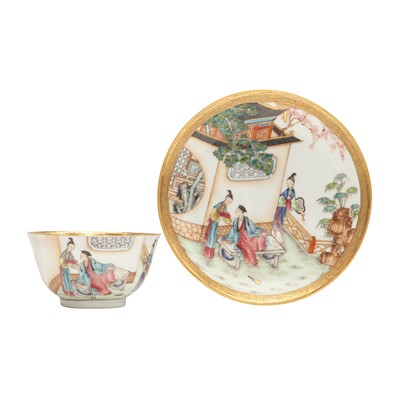 Lot 186 - A fine Chinese famille-rose semi-eggshell 'figural' cup and saucer, Qing dynasty, Yongzheng period