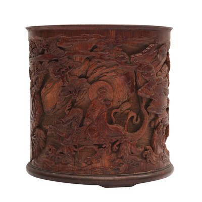 Lot 203 - A Chinese bamboo brush pot, bitong, Qing dynasty, 19th century, signed Hongyu
