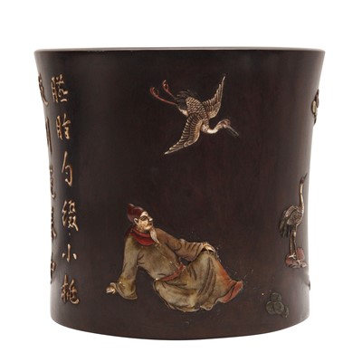 Lot 209 - A large Chinese hardwood inlaid brush pot, Qing dynasty, 18th century