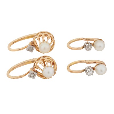 Lot 421 - Two pairs of pearl and diamond earrings
