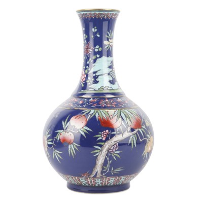 Lot 375 - A Chinese blue-glazed enamelled 'peaches' bottle vase, late Qing dynasty / Republic period