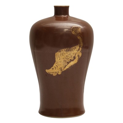 Lot 83 - A Chinese gilt-decorated cafe au lait-glazed 'fish' vase, Qing dynasty, 18th century