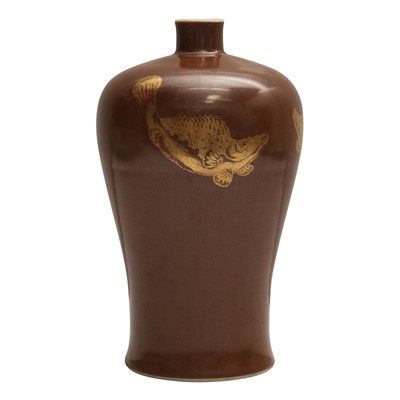 Lot 83 - A Chinese gilt-decorated cafe au lait-glazed 'fish' vase, Qing dynasty, 18th century