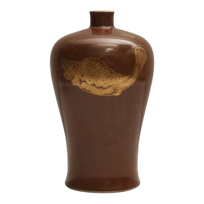 Lot 83 - A Chinese gilt-decorated cafe au lait-glazed 'fish' vase, Qing dynasty, 18th century