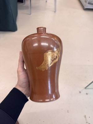 Lot 83 - A Chinese gilt-decorated cafe au lait-glazed 'fish' vase, Qing dynasty, 18th century