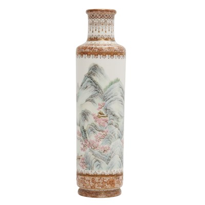 Lot 427 - A Chinese famille-rose cylindrical 'landscape' vase, 20th century, jingwei tang mark