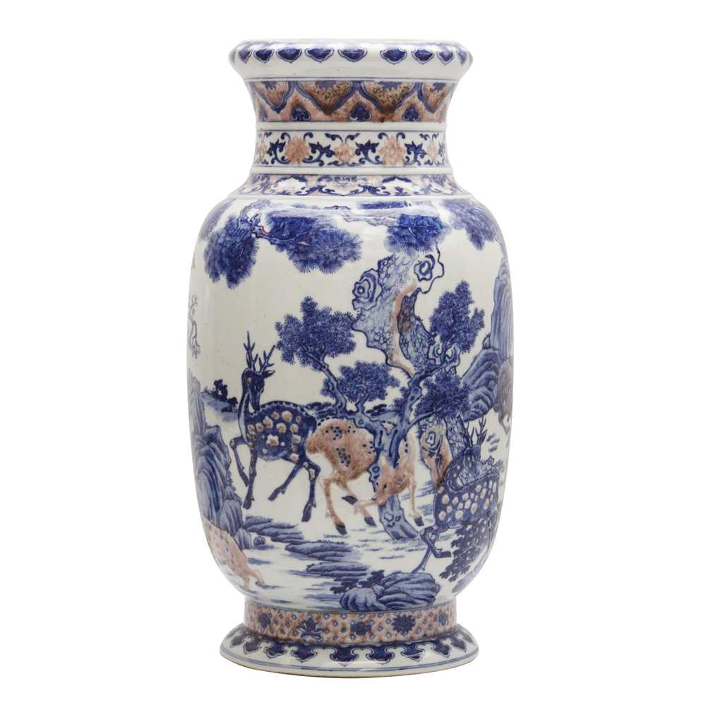 Lot 94 - A large Chinese underglaze-copper-red and blue lantern vase, Qing dynasty, 19th century