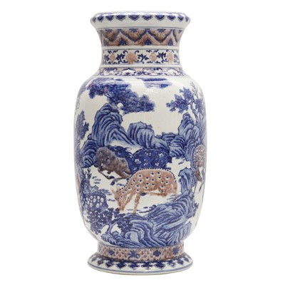 Lot 94 - A large Chinese underglaze-copper-red and blue lantern vase, Qing dynasty, 19th century