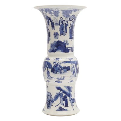 Lot 612 - A Chinese blue and white 'figural' beaker vase, gu, 20th century