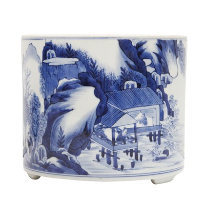 Lot 613 - A Chinese blue and white 'landscape' tripod brush pot, bitong, Qing dynasty, 19th century