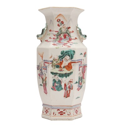 Lot 374 - A Chinese famille-rose 'immortals' hexagonal vase, Qing dynasty, early 19th century