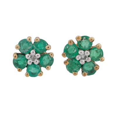 Lot 462 - A pair of emerald and diamond flower earrings