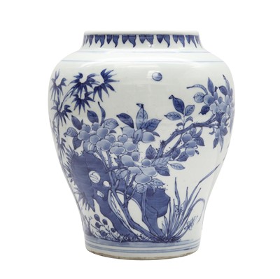 Lot 371 - A Chinese blue and white 'blossoms' jar, guan, 20th century